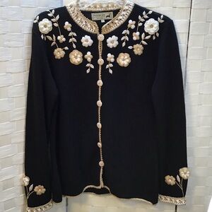 Peruvian Connection Black and Cream Floral Cardigan